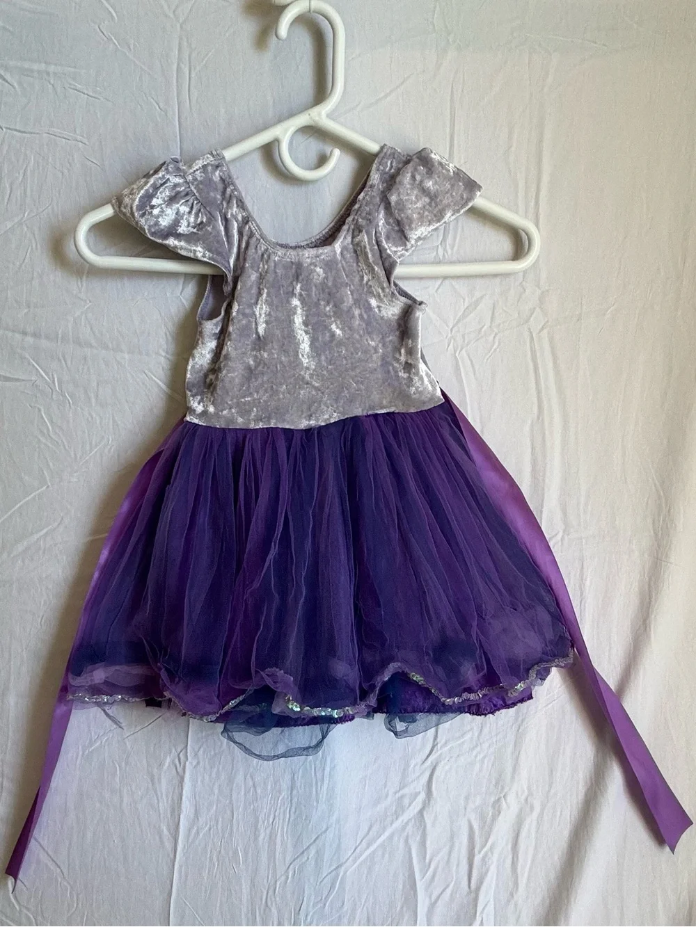 Girls Velvet Bodice Purple Tulle Dance Costume Dress with Flutter Sleeves
